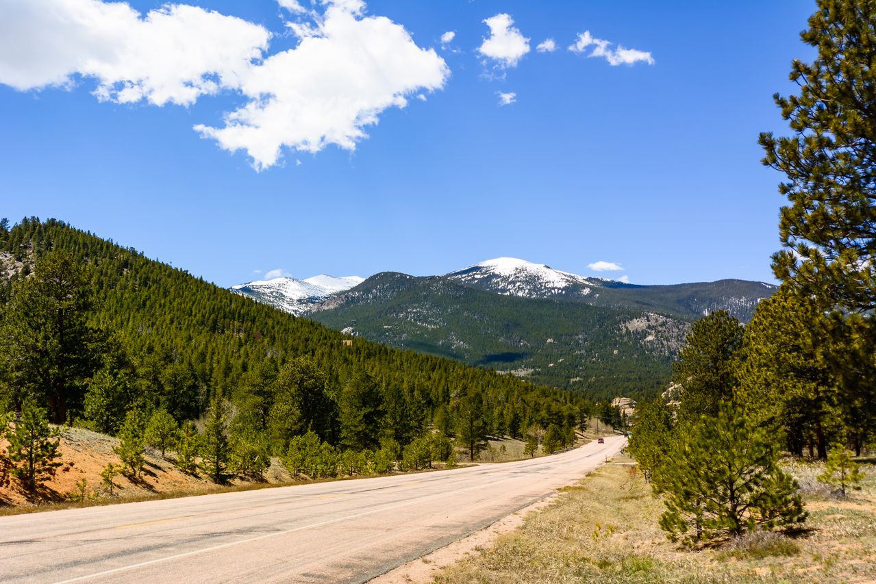 a view of snow-capped mountains and coniferous forest from a road in Estes Park, Colorado