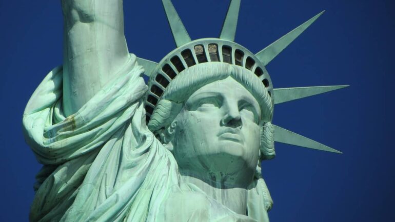 closeup of the statue of liberty in new york city